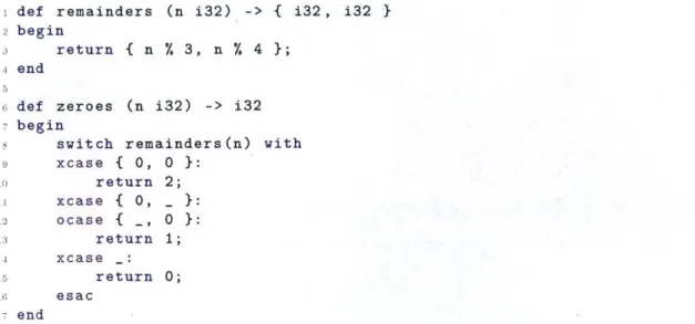 Figure  4-3:  DEF  toy  example  of a  tuple  and  a switch  statement,  including  wildcards.