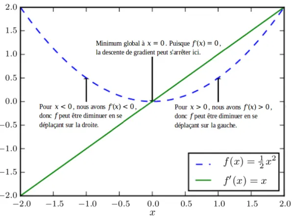 Figure 1.2.3 – Illustration d’une façon pour l’algorithme de descente de gradient de guider une fonction jusqu’à un minimum via le calcul de sa dérivée par exemple