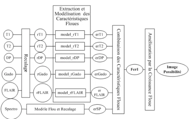 Fig. 2.8 – Architecture de fusion d’informations ﬂoues. Les rectangles correspondent aux op´ e- e-rations de traitement d’images et du signal
