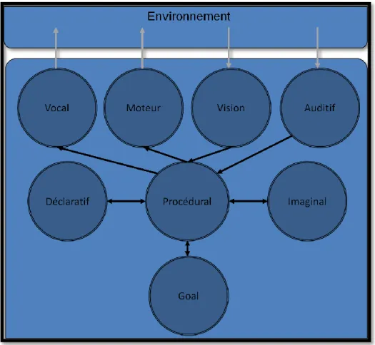 Figure 1 - Les différents modules implémentés dans ACT-R 6 et leurs voies d’échange d’informations