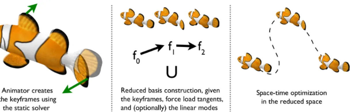 Figure 3: Overview: The animator provides the keys using a static solver (or they are fitted to external data using an optimization)