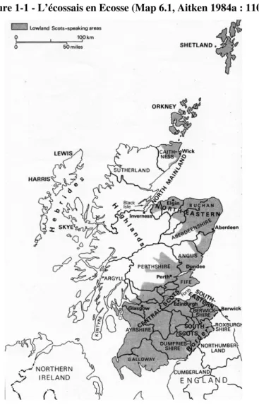 Figure 1-1 indiquant les régions où le « Scots » est parlé et la section 1.2 ci-dessous)