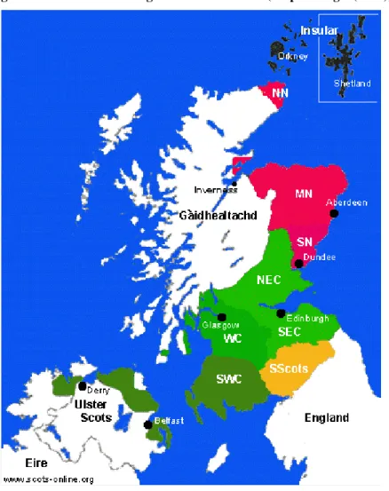 Figure 1-4 - Les dialectes régionaux de l’écossais (d’après Eagle (2002)) 