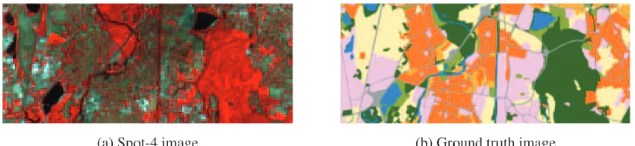 Figure 3.14: Urban scene taken over South of Strasbourg, France: (a) false color image of Spot-4 ( c  CNES 2012) with 20 m resolution and (b) the associated ground truth ( c  LIVE UMR 7362, adapted from OCSOL CIGAL 2012) with eight thematic classes.