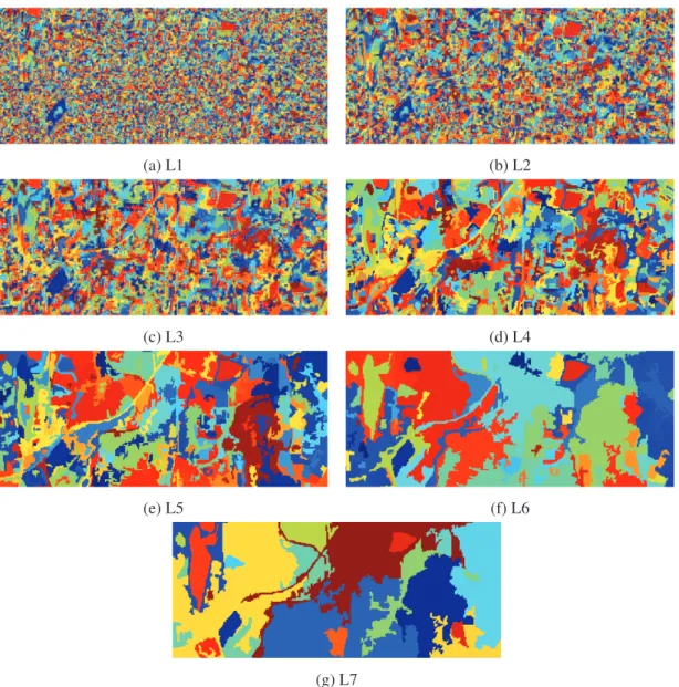 Figure 3.15: Hierarchical segmentation maps of Strasbourg Spot-4 dataset. All levels of segmentation are illustrated here by using dissimilarity criterion α = [ 2 − 2 , 2 − 1 , 2 0 , 2 1 , 2 2 , 2 3 , 2 4 ] .