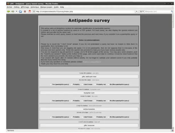 Figure 2.4 – Capture d’écran du site Web mis en place pour la classification des requêtes par les experts.