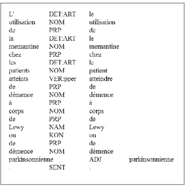 Figure 10 : Illustration de la sortie de TreeTagger pour la phrase  