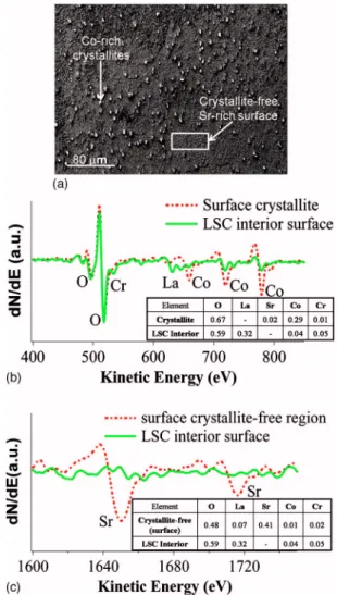 Figure 5. 共 Color online 兲 共 a 兲 SEM image of the top surface of the LSC contact layer cell CER#2, showing Co-rich and Sr-rich phases