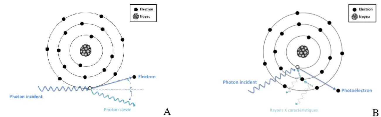 Figure 1 : Mécanismes d’interactions physiques des photons avec un atome (A. Effet  Compton, B