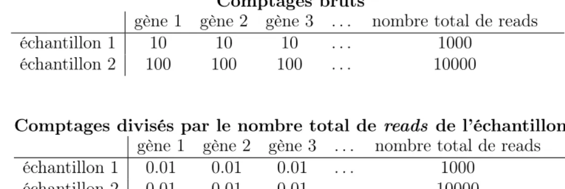 Table 1.2 – Tableau de comptages résumant l’abondance des reads par région géno- géno-mique d’intérêt pour deux échantillons (haut)