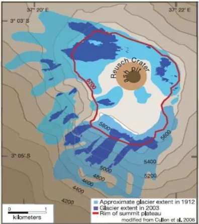 Figure 0.1: Diminution de la superficie des Glaciers du mont Kilimandjaro de 1912 à 2003  (modifié de Cullen et al., 2006) 
