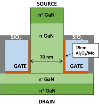 Fig. 1. Structure of the tested device: the cross section of one GaN channel (width = 70 nm) is reported