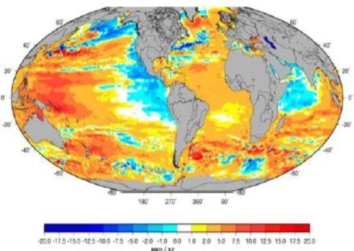 Figure  3.6 :  Distribution  géographique  des  vitesses  de  variations  du  niveau  de  la  mer  (1993-2006) d’après Topex/Poseidon et Jason-1