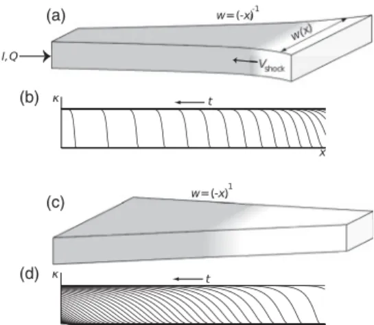 FIG. 5. Schematics of deionization shock propagation in a con- con-tracting microchannel (γ = −1) is shown in (a)