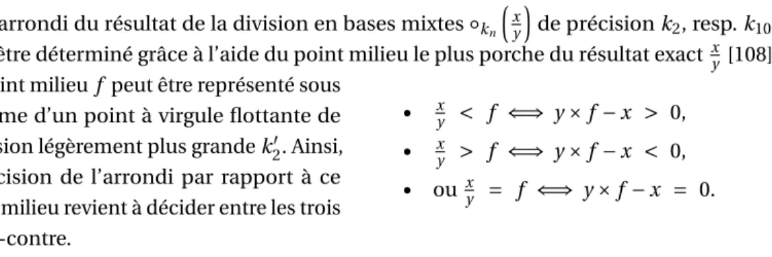 Tableau 5.2 – Équivalence des précisions pour les variables internes L’arrondi du résultat de la division en bases mixtes ◦ k n