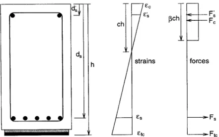Figure  1-3:  Internal  forces  and  strain  compatibility  of  beam  strengthened  in  flexure  with FRP  laminate