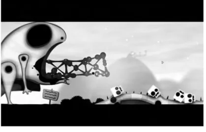 Figure 5 – Avatar-mouvement  dans Worlds of Goo sur iPad (2D Boy, 2010)  Le joueur se manifeste par les ponts qu’il construit 