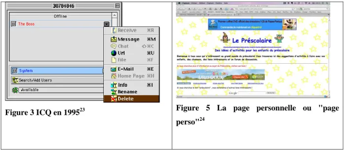 Figure 3 ICQ en 1995 23 Figure  5  La  page  personnelle  ou  &#34;page  perso&#34; 24