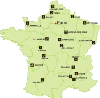 Figure I-1: Nuclear Power Plants in France. The numbers indicate the number of reactors at  a particular plant site (IAEA, 2016) 