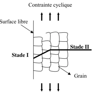 Figure 2-1 Stades I et II de la propagation de fissures en fatigue 