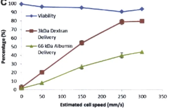 Figure 6.  Viability  and Delivery  for HeLa  Cells  at Varying  Delivery  speeds.  66kDa  Albumin and  3kDa  cascade  blue  dextran  was  delivered  to  HeLa  cells  at  varying  speeds
