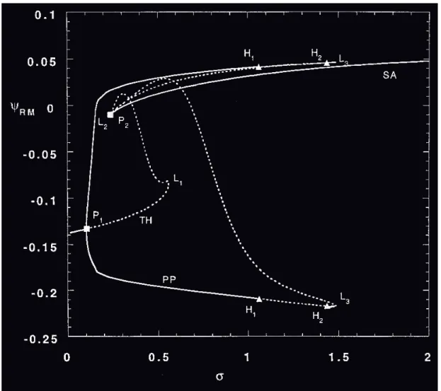 Figure III.5 : Diagramme de bifurcation dans le plan (σ = γλ, Ψ RM ) pour les param`etres A = 10, Ra T = 4.10 4 , Le = 1 et σ P = 2.25