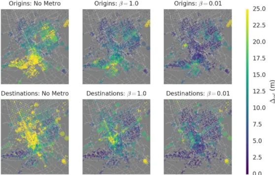 Fig 4. Spatial heterogeneity in contributions to global congestion. The congestion impact Δ od is aggregated over o (top) and d (bottom)