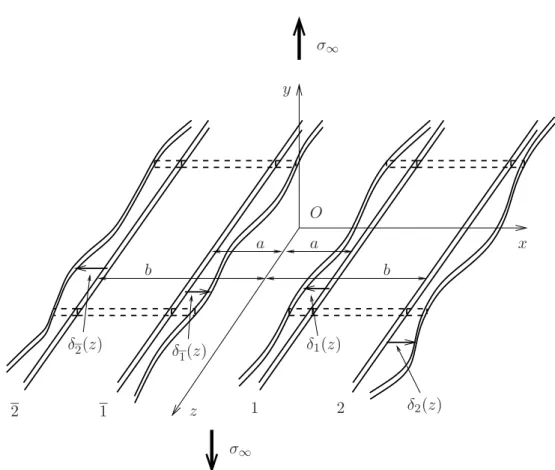Figure 3.1 – Syst`eme de deux fissures en forme de fentes infinies perturb´ees dans leur plan