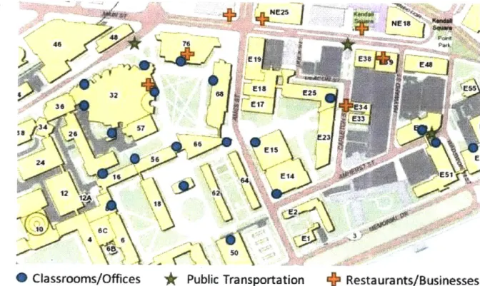 Figure  3-1:  Map  of MIT  operating  region  showing  demand  locations.  MIT's  campus contains  several  high-demand  locations  including  classrooms,  public  transportation stops,  and  restaurants