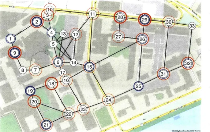Figure  3-12:  Pickup  and  dropoff  locations  for  the  campus  MOD  system.  The  blue circles  show  pickup  locations,  where  larger  circle  thickness  indicates  larger  number  of pickups