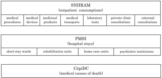 Figure 2 shows a schematic representation of these databases. The SNIIRAM includes  outpatient  healthcare  consumption  (along  with  private  clinics  healthcare  expenditures)