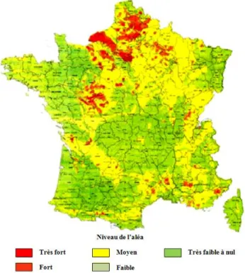 Figure 1.1 Carte de l’aléa lié aux effondrements de cavités souterraines en France métropolitaine (BRGM, 1994) 