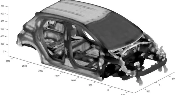 Figure 1.6: Computational model of a car body structure, in which the gray intensity is related to the level of rigidity (the darker is the stiffer).
