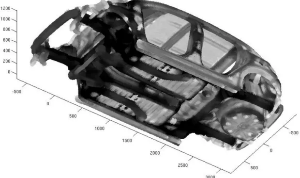 Figure 1.7: Computational model of a car body structure, in which the gray intensity is related to the level of rigidity (the darker is the stiffer).