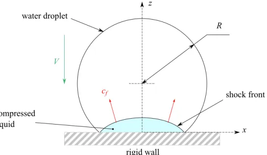 Figure 1.1: Shock front and highly compressed volume on early time of droplet impact [HEY 69].