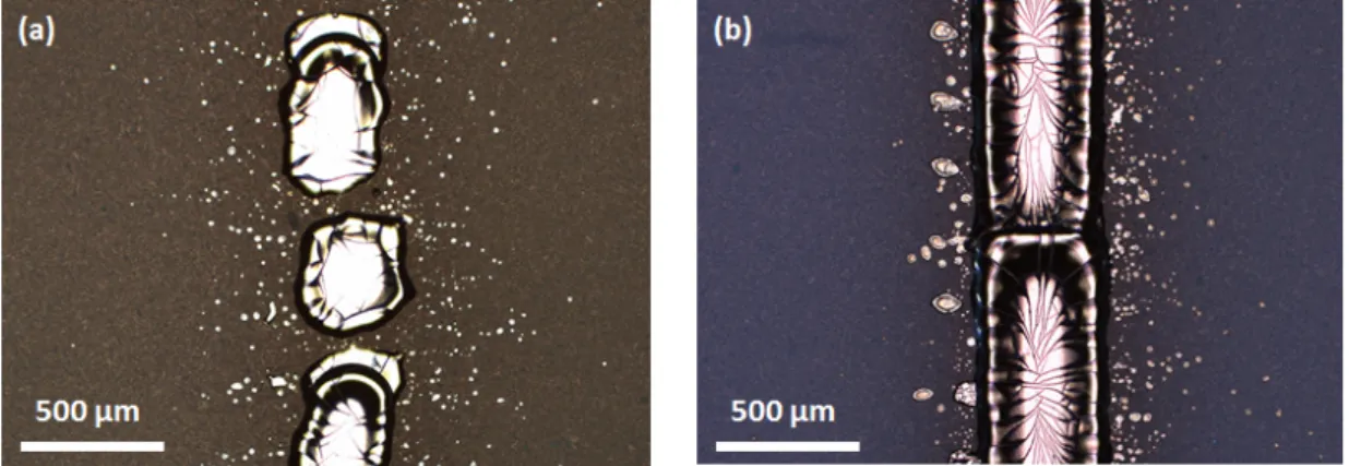Figure 21: Silver ink printed by inkjet onto alumina sintered tape: (a) one layer, (b) three layers (Optical microscope)