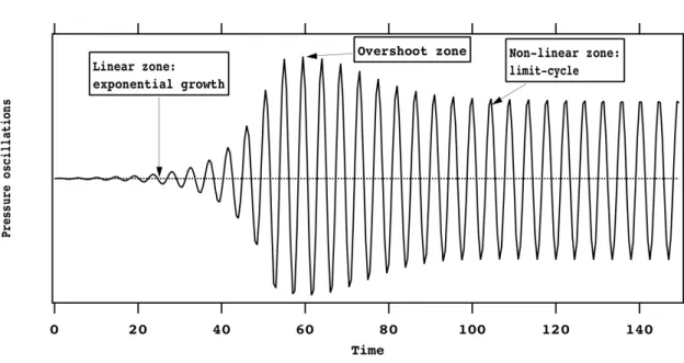 Figure 3 - Typical pressure signal of the time evolution of a combustion instability.