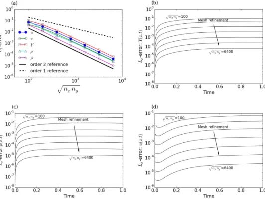 Figure 4.2: 2D-AD MMS. (a) L 2 -error as a function of the spatial resolution for a constant CFL of 0.5
