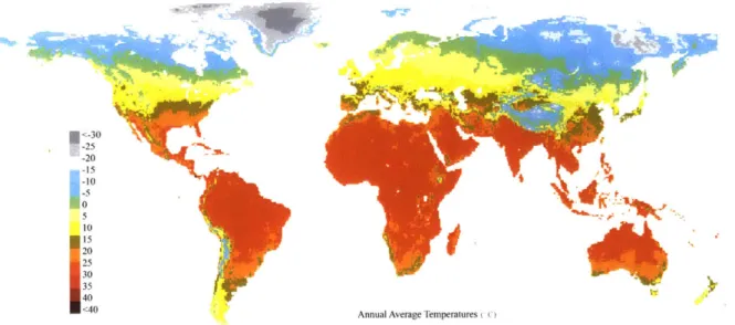 Figure  1-1:  Average  Annual  Surface  Temperature  Map  (World  Climate  Maps,  2007) per  household  per  year,  (Census  Population  Data,  2015;  Maps  of  India,  2012;  C.