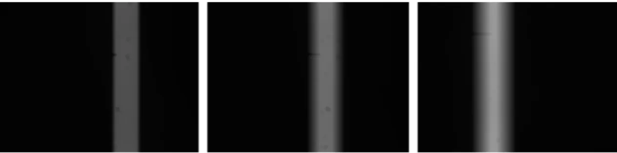 Figure 2.14 – Images du filament obtenues lors de la chute libre pour trois temps d’exposition.