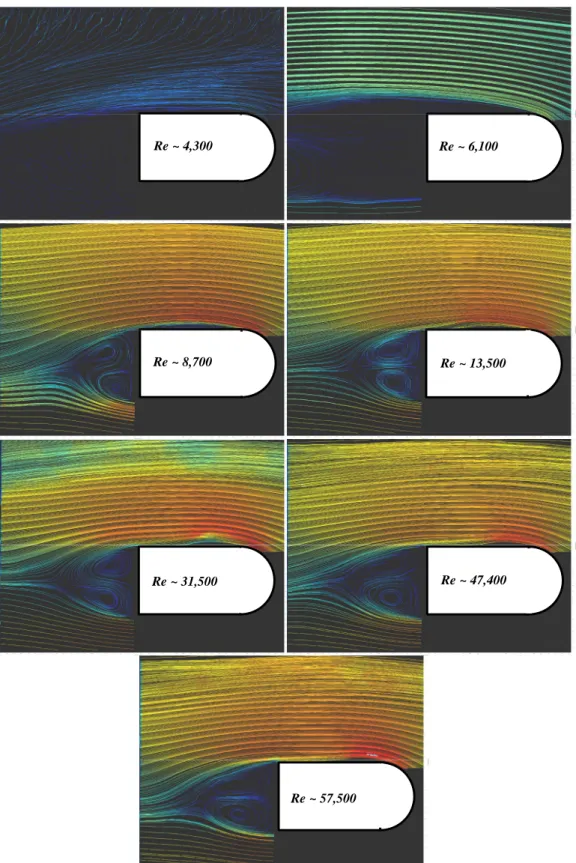 Figure 3.1: Streamlines of the mean velocity for the natural flow around the main cylinder for different Re.