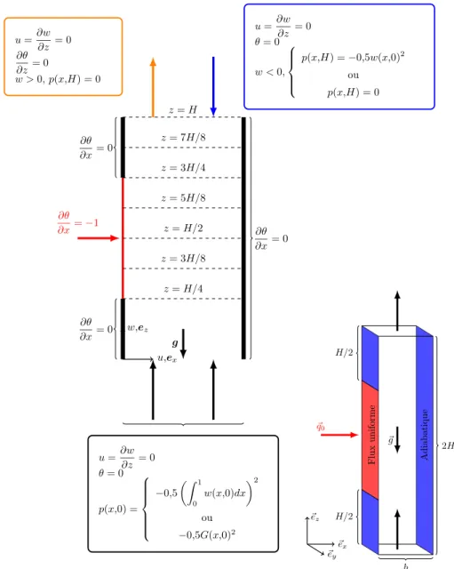 Figure 3.4 : Géométrie 2D avec conditions aux limites et emplacement des coupes (à gauche)
