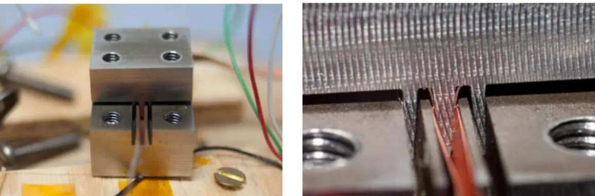 Figure 4. Comb teeth demountable joint device for YBCO tapes. (Left) photograph of a “comb teeth” 