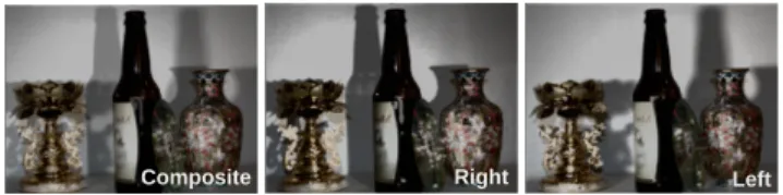 Figure 8: For ToF cameras multiplexing illumination also applies to depth maps. From left, the color ToF image of the scene, the composite depth map, and the depth map with reds subtracted.