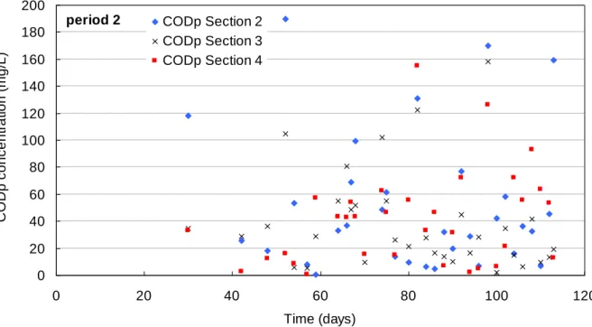 Figure IV- 11: Time-evolution of CODp concentration in section 2-section 4. Period 2, low  loading condition, real WW 