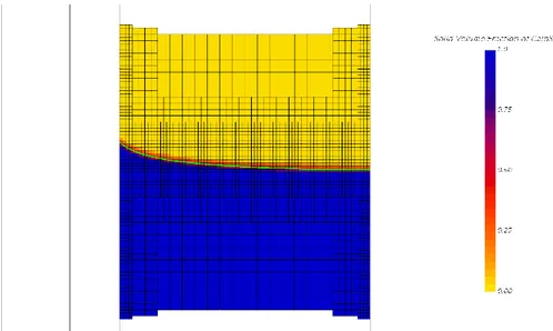 Figure II-9 : Représentation de l’interface solide/liquide au cours du calcul pour le cas de Stelian,  dans la zone raffinée pour le suivi du front