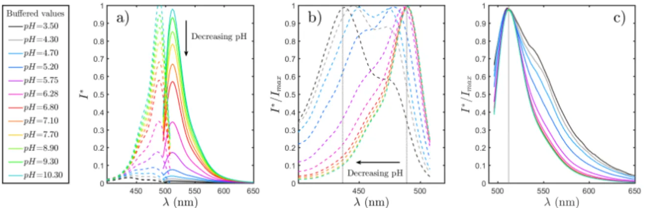 Figure 2.15 – Excitation (dashed lines) and fluorescence spectra (full lines) of C = 5.10 −7 M fluorescein sodium solution as a function of pH (a) Raw spectra (arbitrary units) (b) Excitation spectra normalized by their maximum intensity (c) Fluorescence s