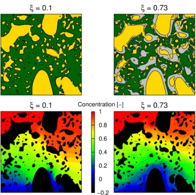 Figure 4. Évolution d’une morphologie durant l’hydratation et champ de concentration correspondants en régime établi - Jaune : ciment anhydre, Vert : eau, Gris : ciment hydraté