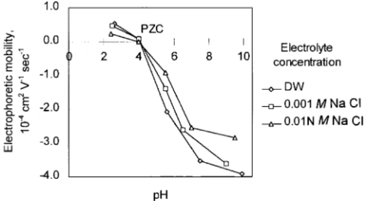 Fig. 7. Relationship between pH and electrophoretic mobility at dif-