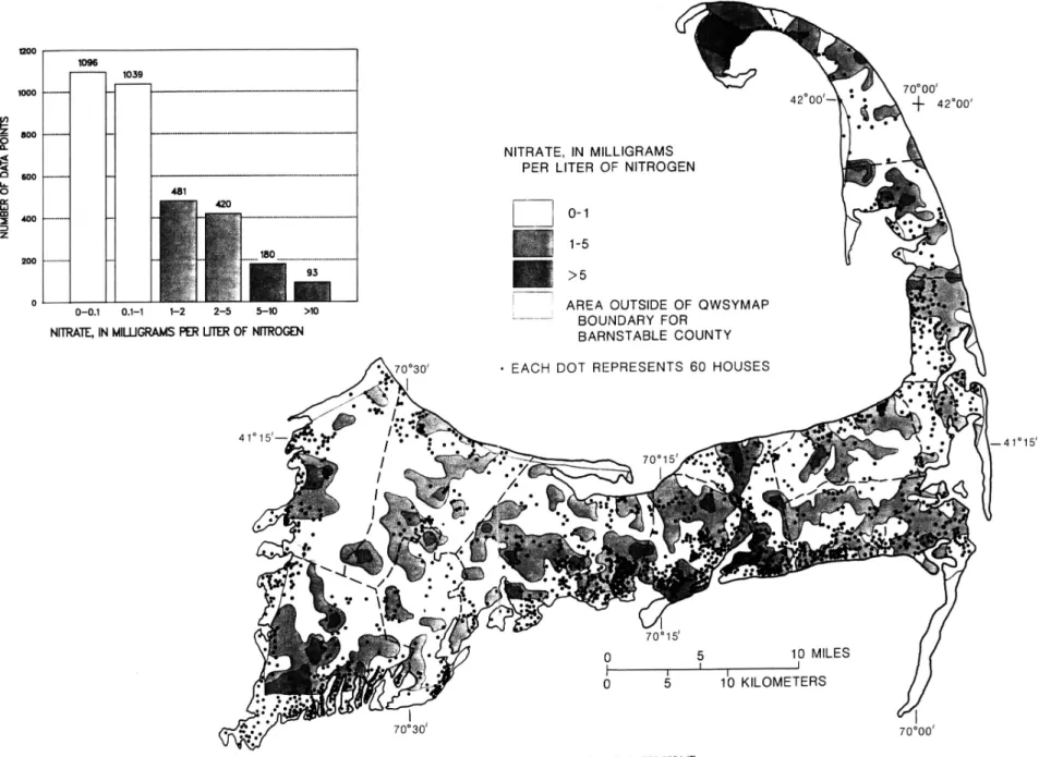 Figure 13:  Nitrate Concentrations and the Frequency Distribution on Cape Cod, 1980-1984 (From 